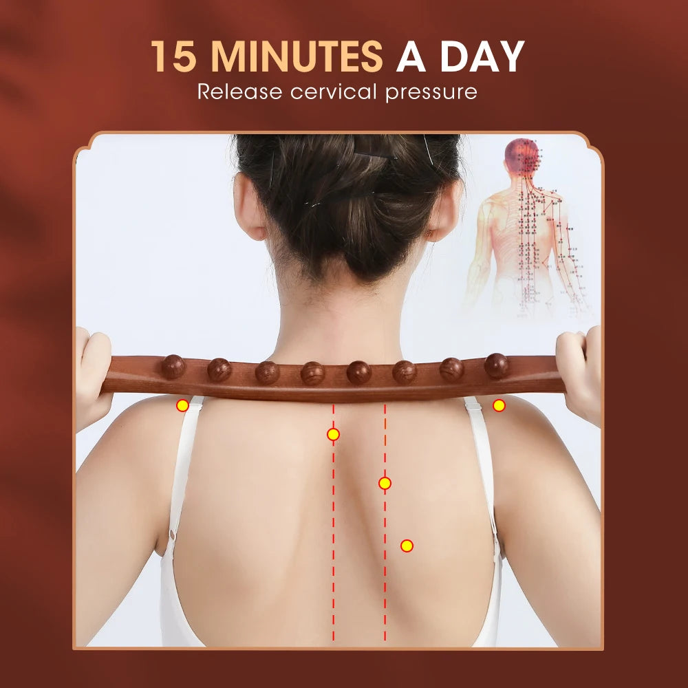 Bâton de massage en bois 20/8 perles – rouleau Gua Sha pour dos et corps